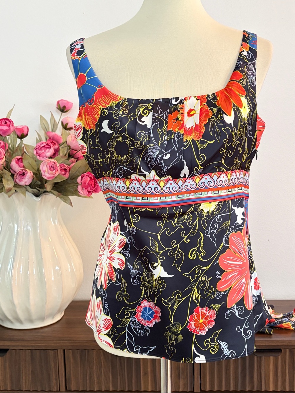 Tahari Black Floral Camisole Tank Top with Red & Blue Accents